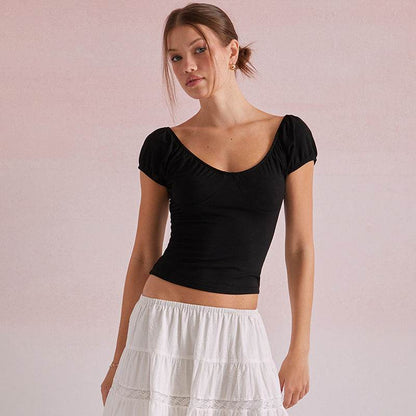 Short Sleeve V-neck Simplicity Backless Casual Top T-shirt Black MuddyStock