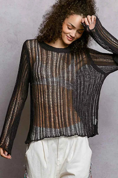 Openwork Round Neck Knit Cover Up Top For Women Trendsi