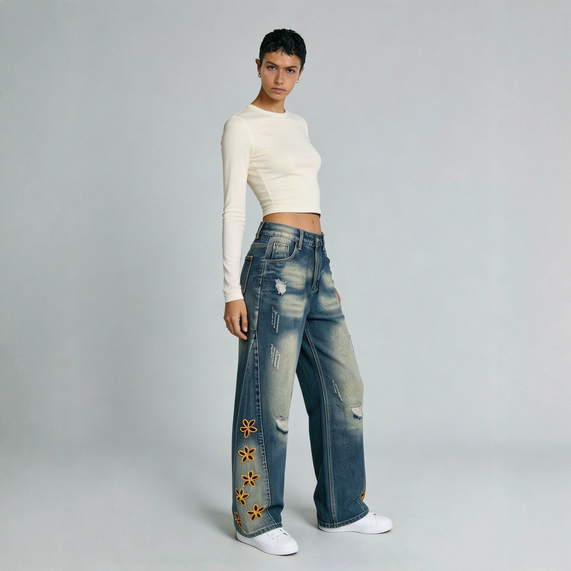 Retro Distressed Womens Denim Jeans