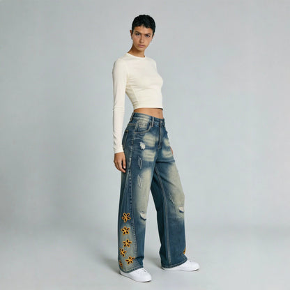 Retro Distressed Womens Denim Jeans