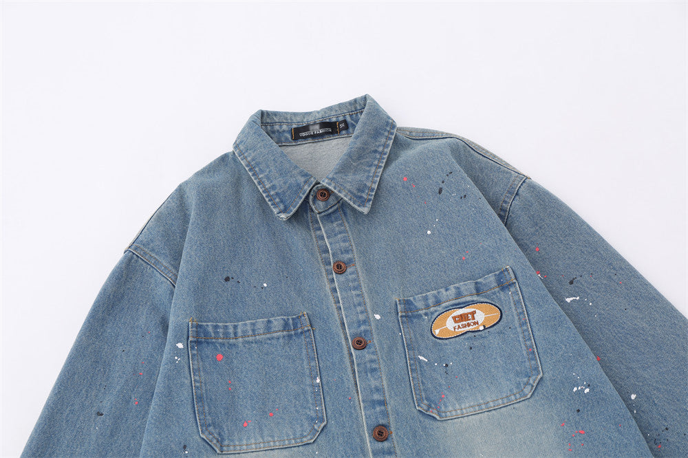 Denim Long Sleeve Splash-ink Shirt For Women