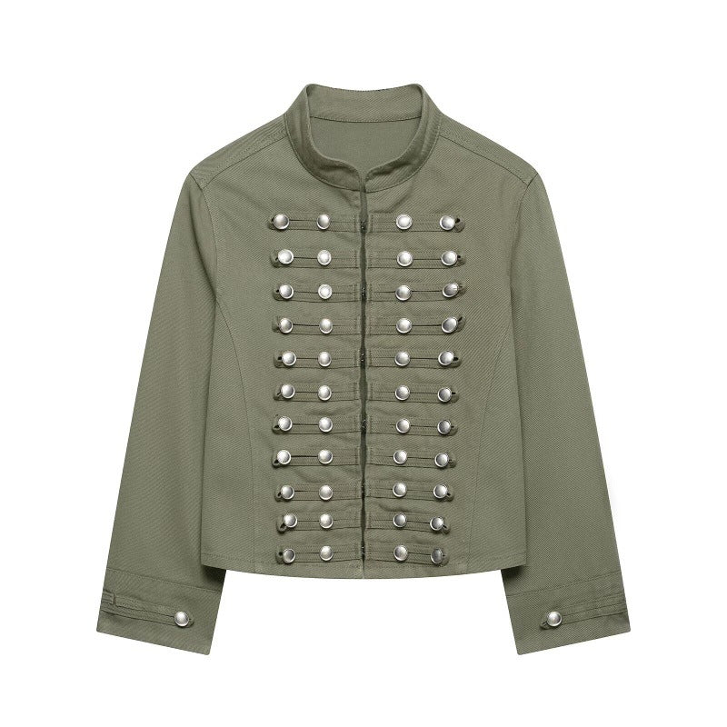 Fashionable Buttoned Round-neck Denim Jacket For Women Army Green All Products