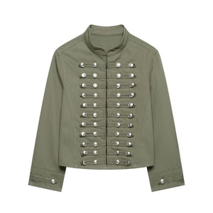 Fashionable Buttoned Round-neck Denim Jacket For Women Army Green All Products