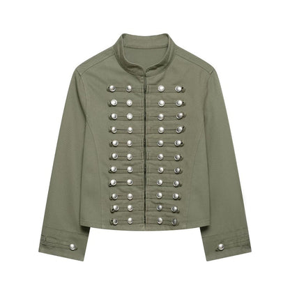 Fashionable Buttoned Round-neck Denim Jacket For Women Army Green All Products