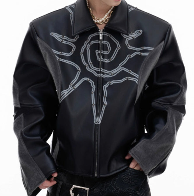 Deconstructing Rivet Totem Leather Jacket For Men Black