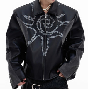 Deconstructing Rivet Totem Leather Jacket For Men Black