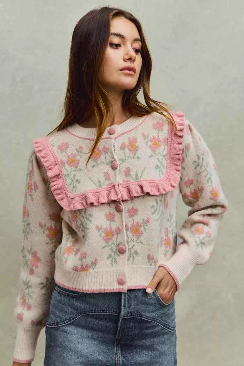 Flower With Ruffle Detailing Sweater Cardigan For Women BEIGE PINK Trendsi