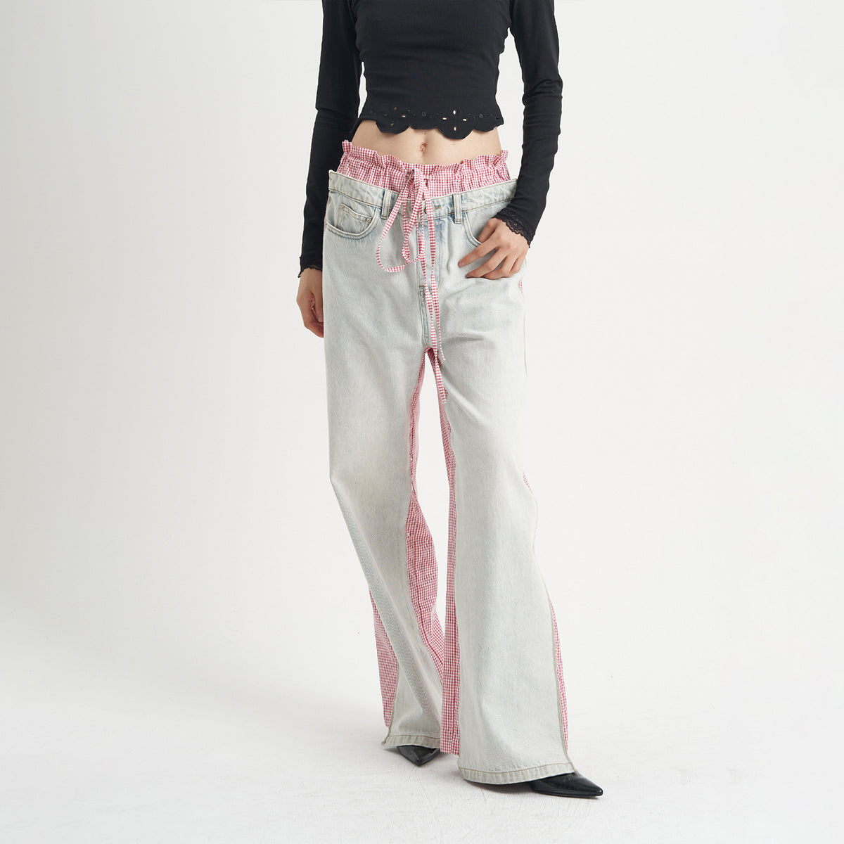Patchwork Pink Plaid Women's Jeans