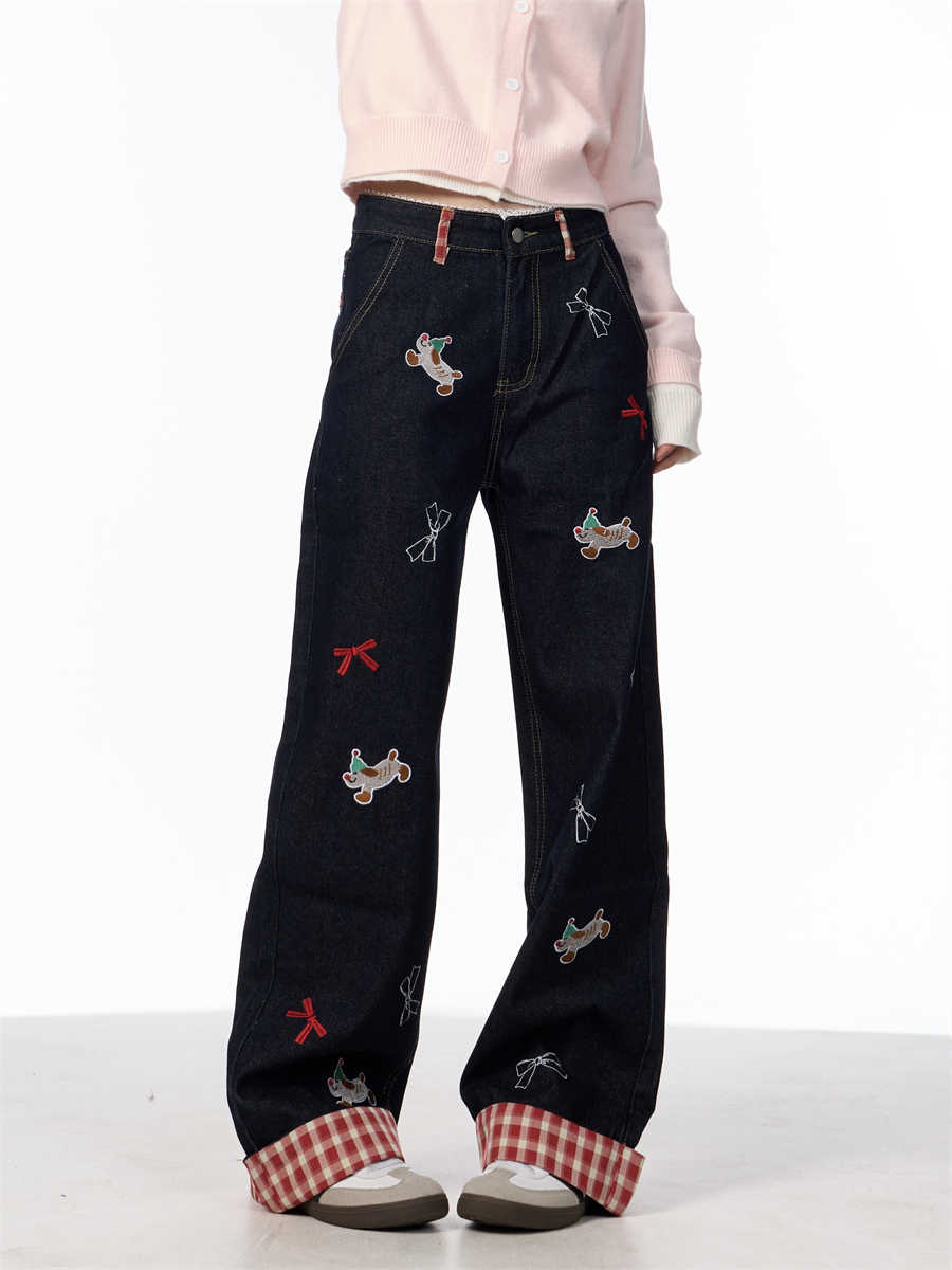 Vintage Bow Puppy Embroidered Wide Leg High Waist Jeans For Women MuddyStock