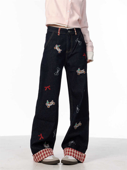 Vintage Bow Puppy Embroidered Wide Leg High Waist Jeans For Women MuddyStock