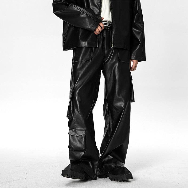 Men's Loose Straight Casual American Retro Street PU Leather Pants MuddyStock