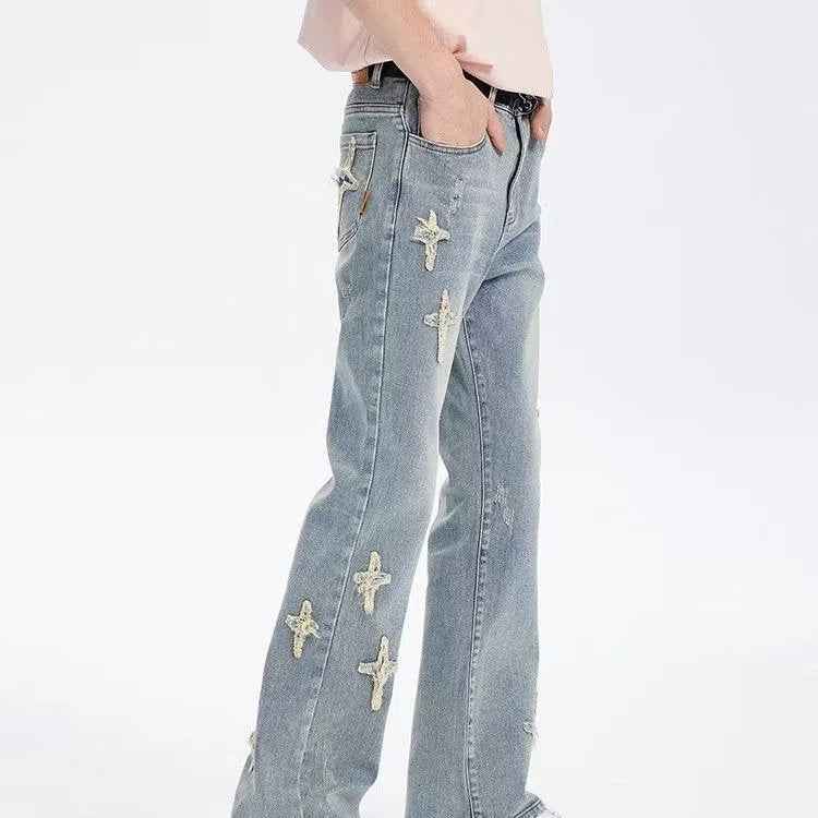 Patch Cross Star Washed American High Street Jeans For Men