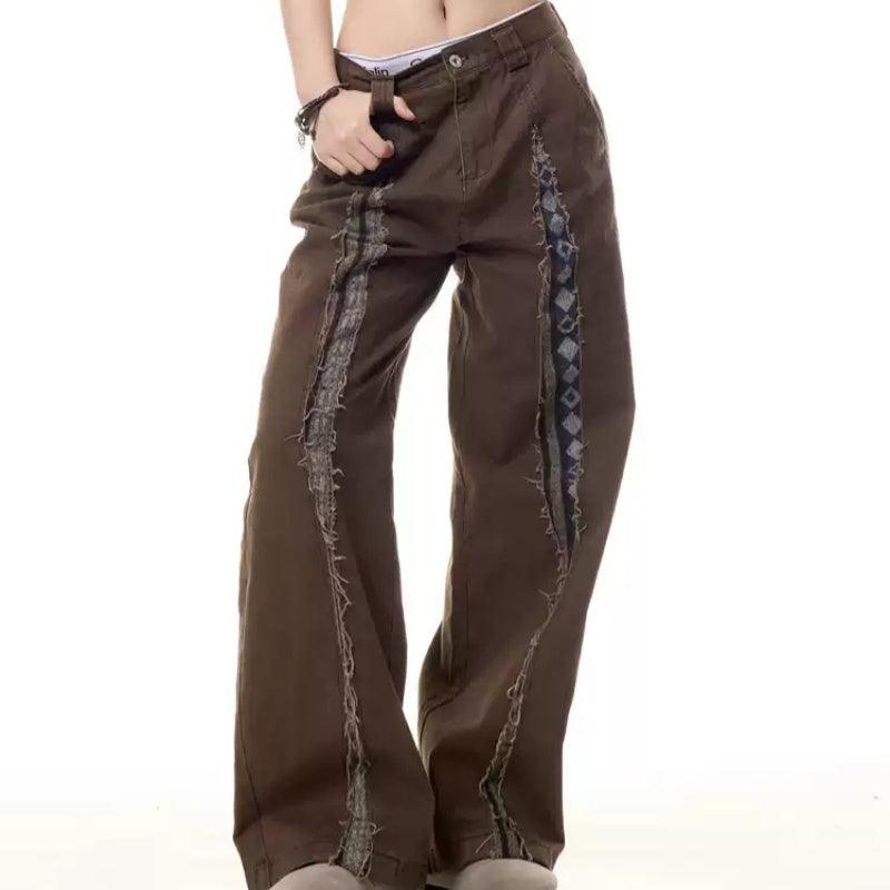 Retro Frayed Stitching Design Multi-pocket Jeans For Women null