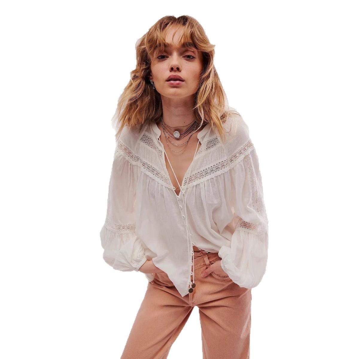 Lace-Trimmed Patchwork Thin Top For Women