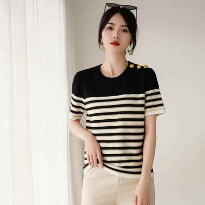 Knitted Short-sleeved Loose Striped T-shirt MuddyStock