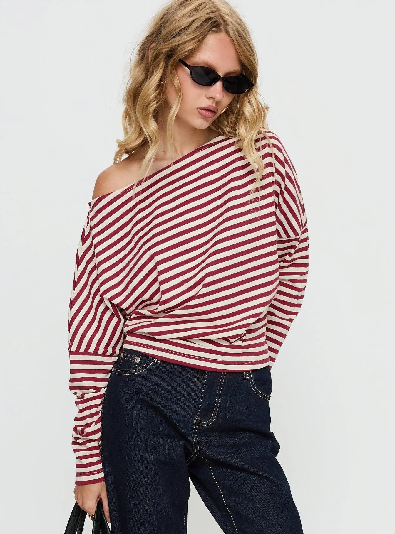Women's Contrasting-Color Striped Slant-Neck Long-Sleeve Top Red