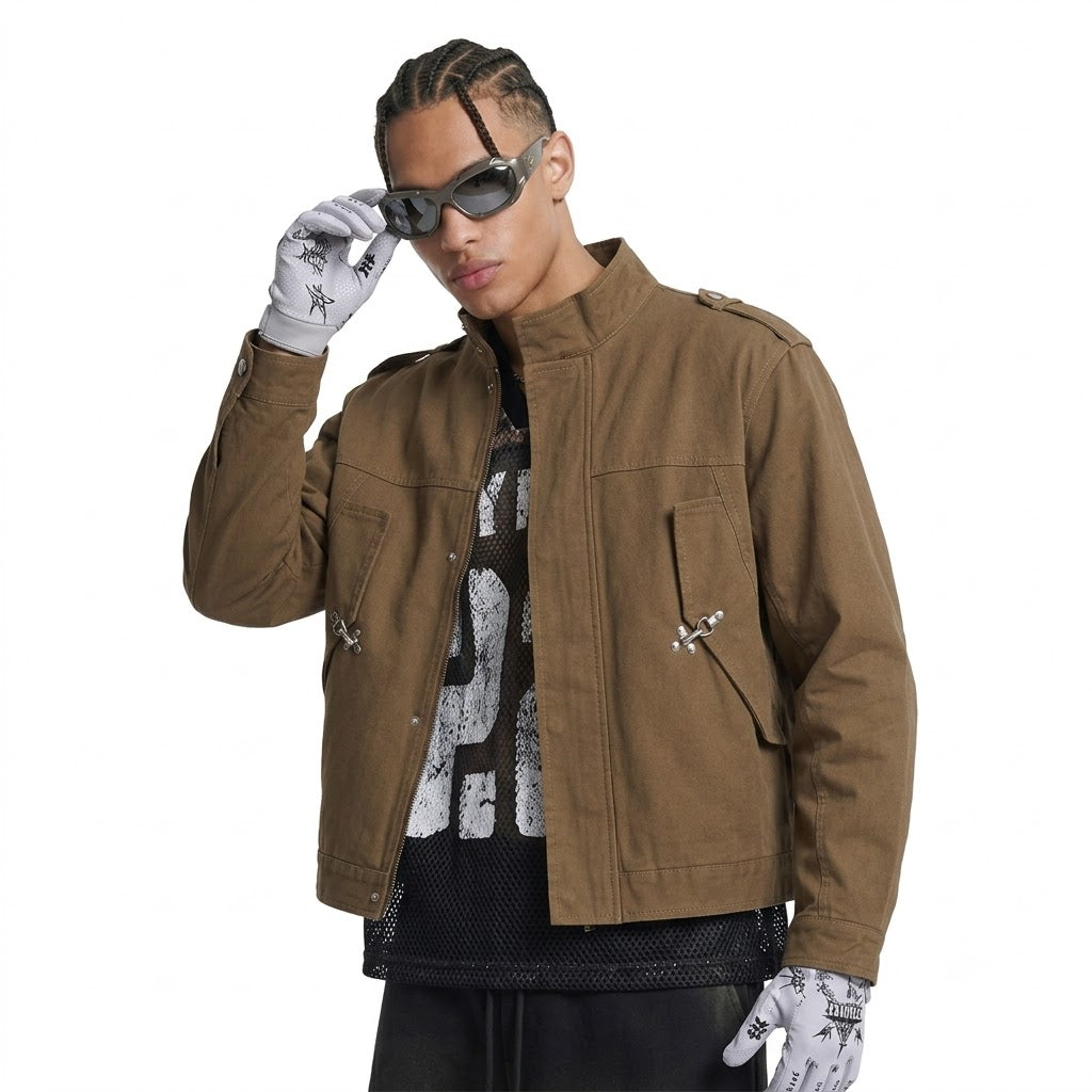 Stand Collar Aviator Snap Pocket Distressed Jacket for Men | MuddyStock Originals