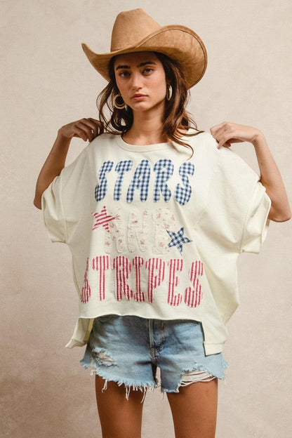 Mix And Match Stars And Stripes Patchwork Short Sleeve T-Shirt For Women