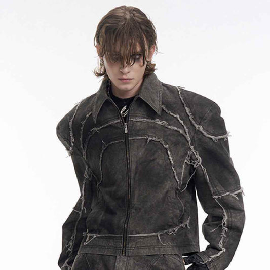 Short Gray Padded Shoulder Denim Coat For Men MuddyStock