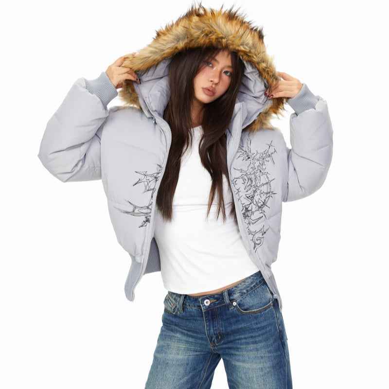 Detachable Fur Collar Printed Hoodie For Women MuddyStock