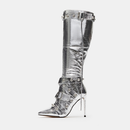 Metal Leathern Pointed Stiletto High Heel Boot For Women Silver