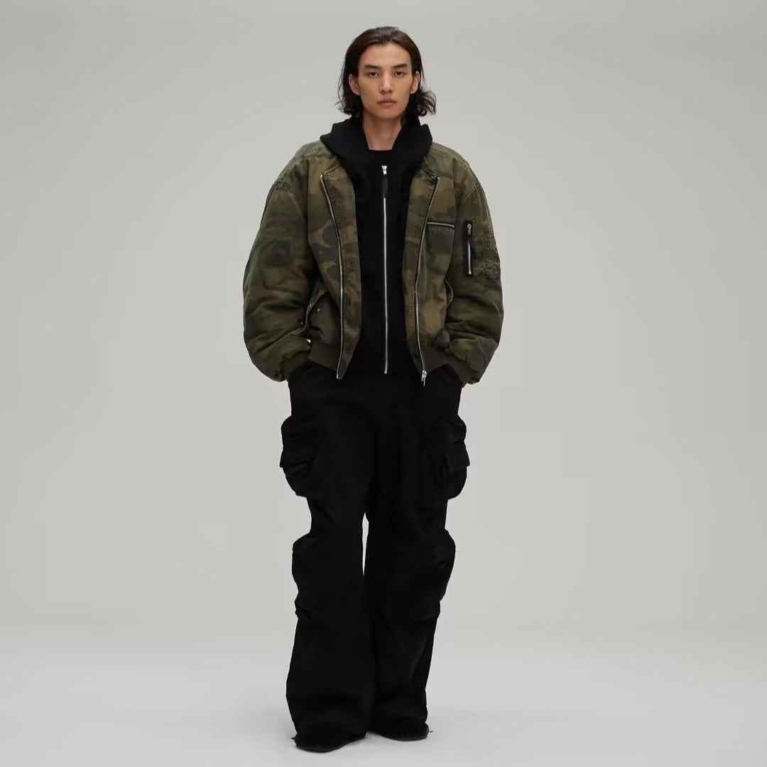 Leisure Washed-out Distressed Camouflage Fake Two-piece Cotton-padded Jacket For Men And Women MuddyStock