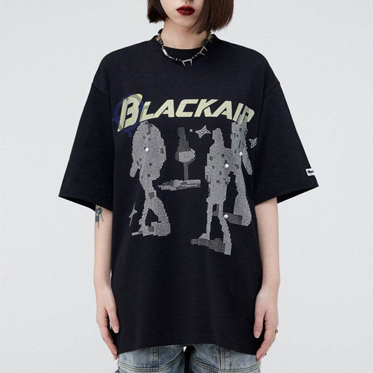 Women's Vintage Printed Rhinestone Double Yarn Short Sleeve MuddyStock