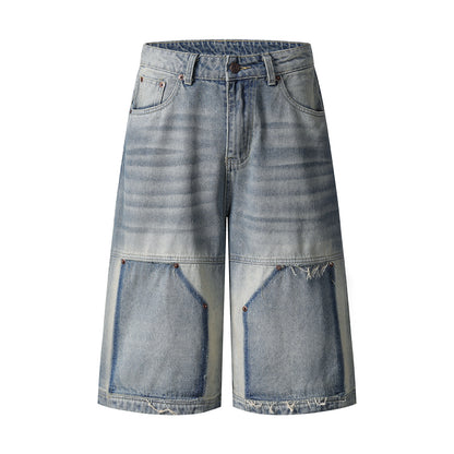 Washed Spliced Frayed Cuffed Jeans Unisex Cool Loose Casual Personality Trendy Shorts Blue