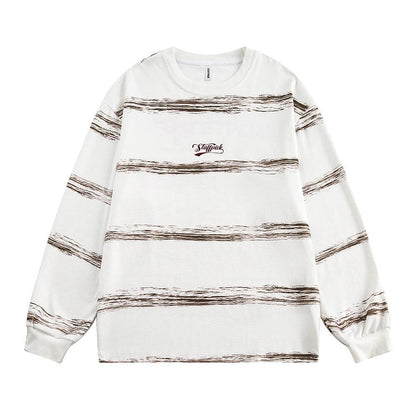 Hand-painted Graffiti Letter Striped Long-sleeved T-shirt For Men And Women Coffee Color With Stripes MuddyStock