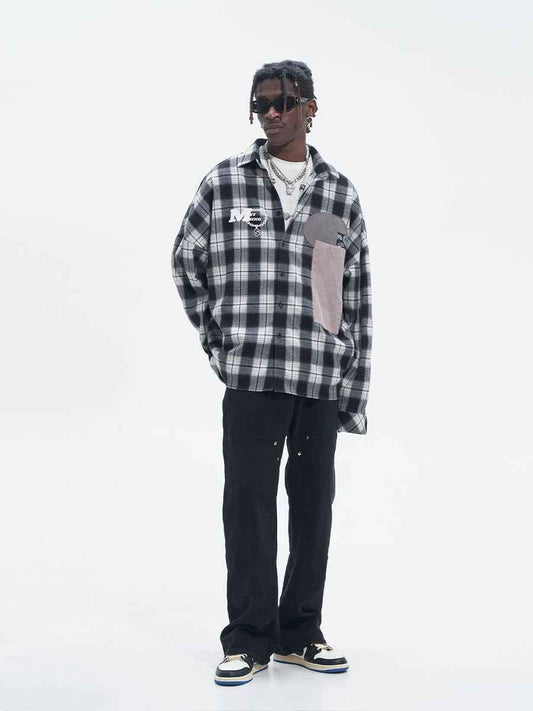 Street Hip Hop Fabric Patchwork Plaid Loose Casual Long Sleeve Shirt For Men null