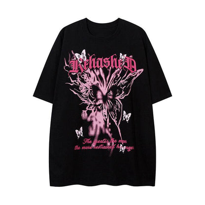 Butterfly Printed Short Sleeve T-shirt For Women Black MuddyStock