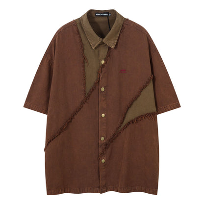 Vintage contrasting denim short sleeved shirt Brown