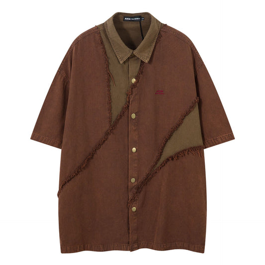 Vintage contrasting denim short sleeved shirt Brown