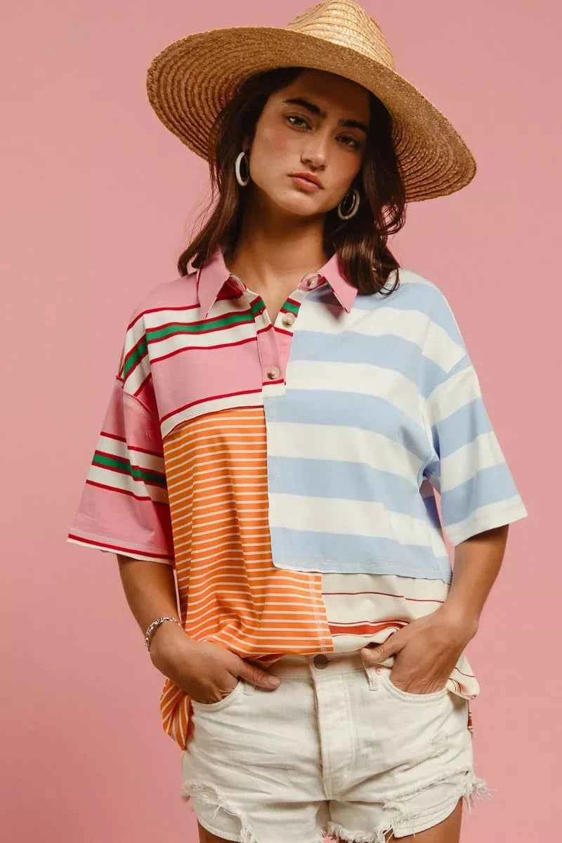 Mix And Match Stripe Color Block T-shirt For Women Trendsi