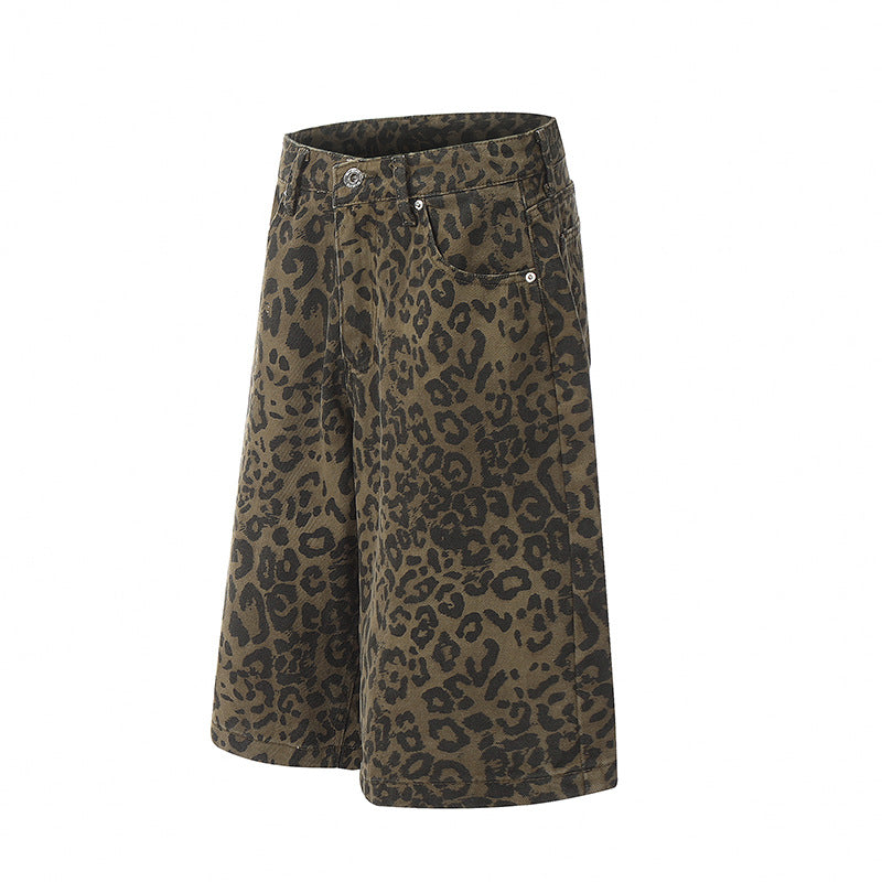 Leopard print denim seven quarter shorts