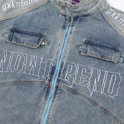 Men's Stitching Embroidered Letters Washed And Worn Zipper Denim Coat For Men And Women MuddyStock