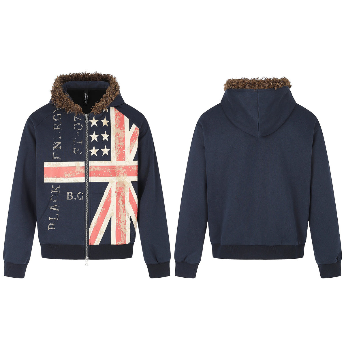 Distressed Printed Loose Fur-Collar Zip-Up Hoodie For Men And Women | MuddyStock Originals