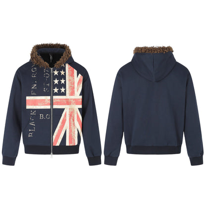Distressed Printed Loose Fur-Collar Zip-Up Hoodie For Men And Women | MuddyStock Originals