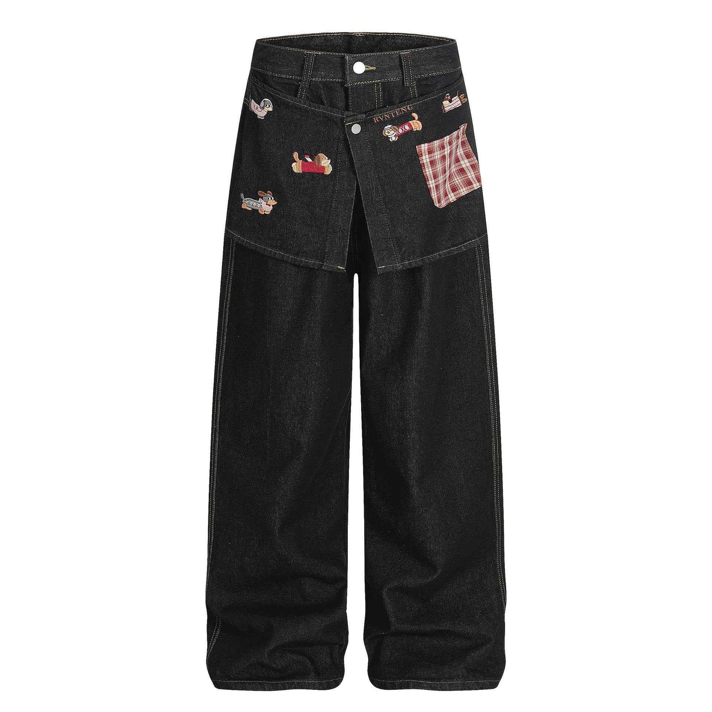 Cartoon embroidery loose denim pants for women | MuddyStock Originals Black