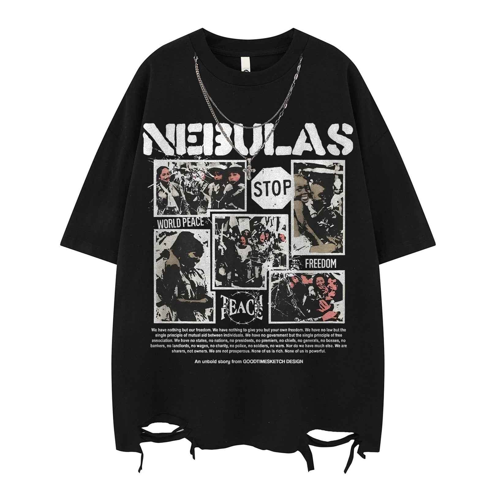 High Street Hem Distressed Necklace Decorated Design Short Sleeve T-Shirt For Men And Women | MuddyStock Originals Black MuddyStock