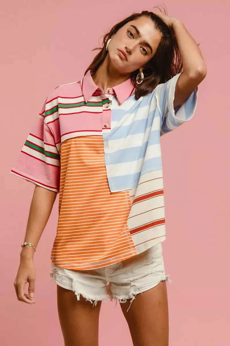 Mix And Match Stripe Color Block T-shirt For Women Trendsi