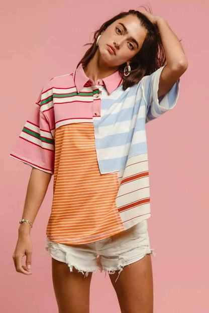 Mix And Match Stripe Color Block T-shirt For Women Trendsi