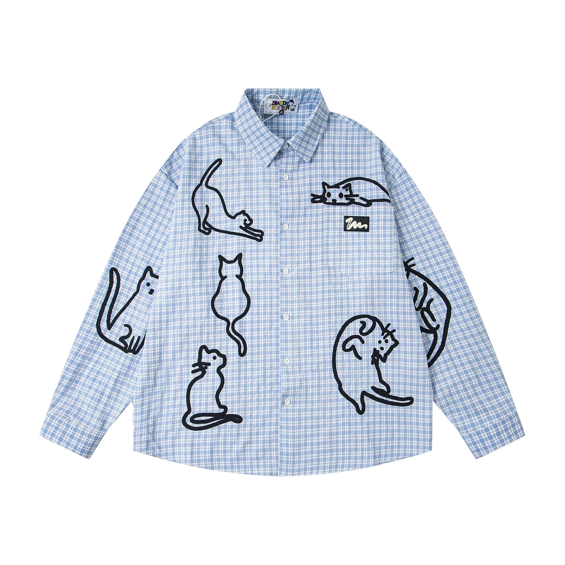 Blue checkered cat loose men and women long shirt | MuddyStock Originals eprolo