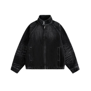 Streetwear Washed Faded Stand Collar Zipper Loose Denim Jacket For Men And Women | MuddyStock Originals Black
