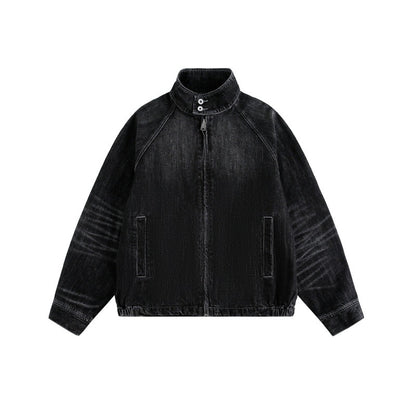 Streetwear Washed Faded Stand Collar Zipper Loose Denim Jacket For Men And Women | MuddyStock Originals Black MuddyStock