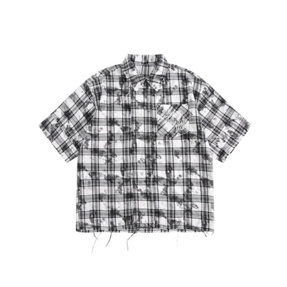 Retro Plaid Loose Short Sleeve Shirt For Men Black And White Plaid