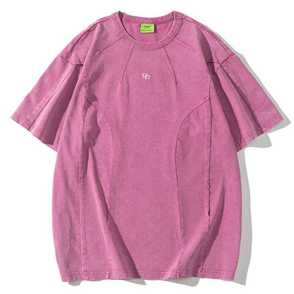 American Washed Patchwork Short-sleeved T-shirt Men Macaron Pink MuddyStock