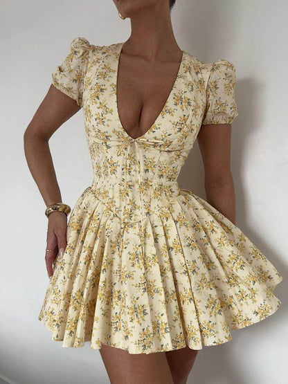 Fashion Pleated Floral Dress For Women Yellow XL MuddyStock