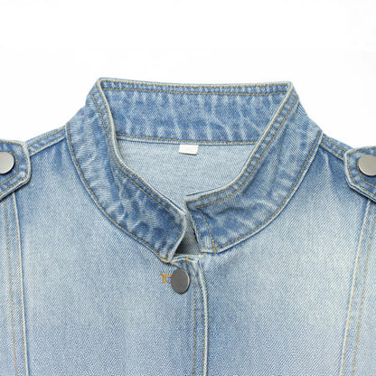 Button up stand collar denim jacket for women | MuddyStock Originals