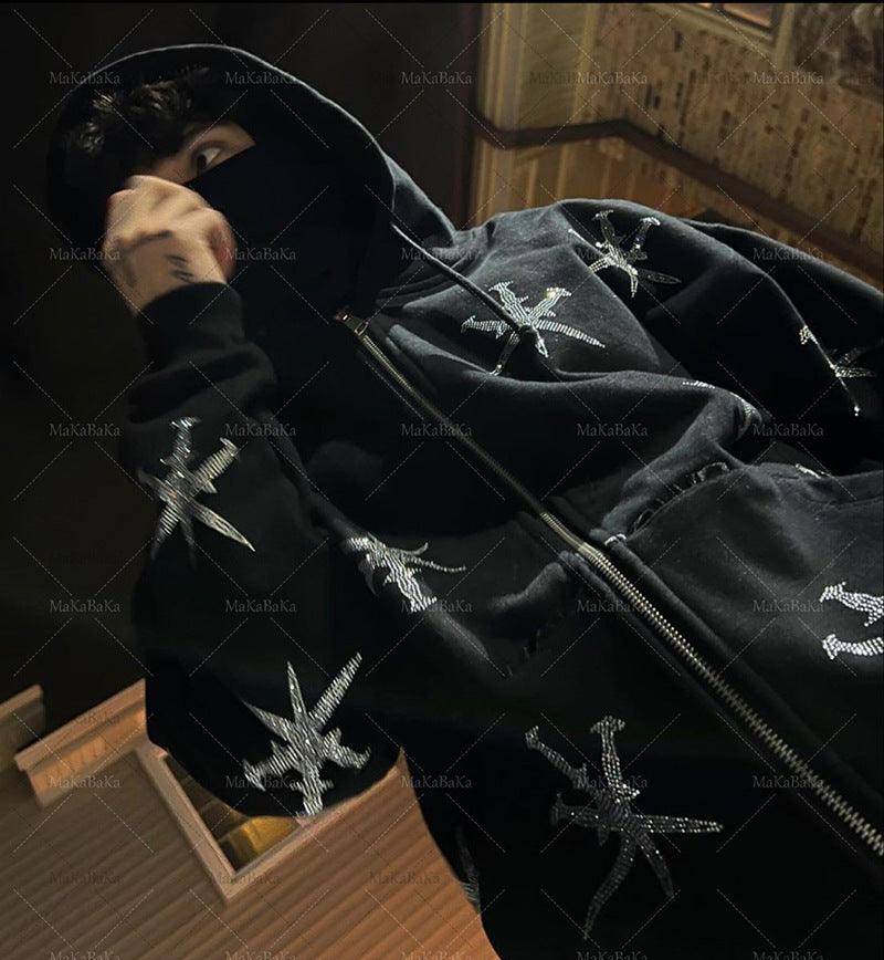 Rhinestone Gothic Streetwear Green Zip up Hoodie For Men All Products